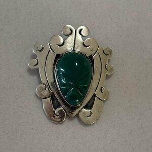 Vintage Mexico EBS 925 Sterling Silver Green Gemstone Carved Aztec Mask Pendant